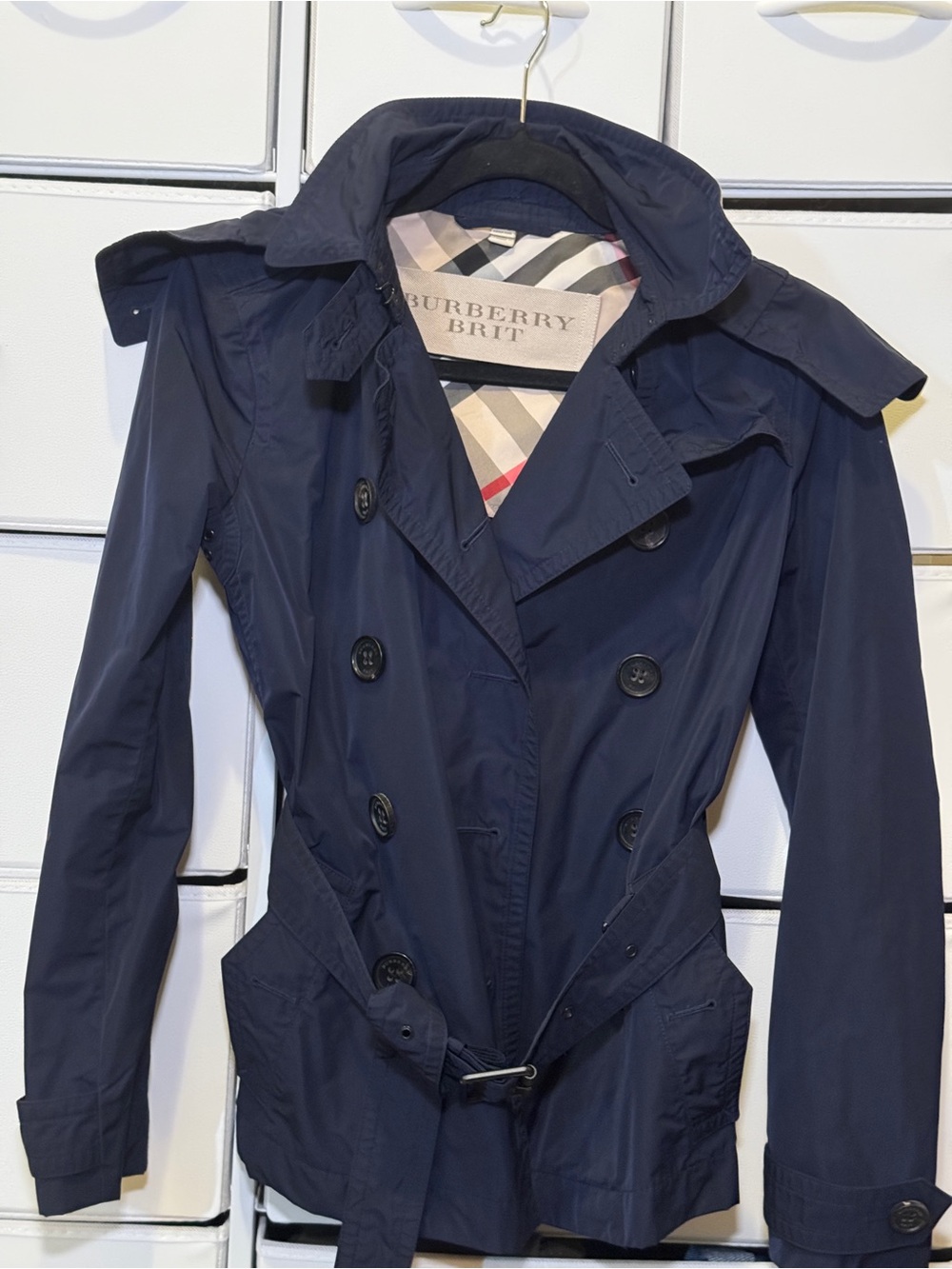 Burberry Navy Double-Breasted Trench Coat with Hood